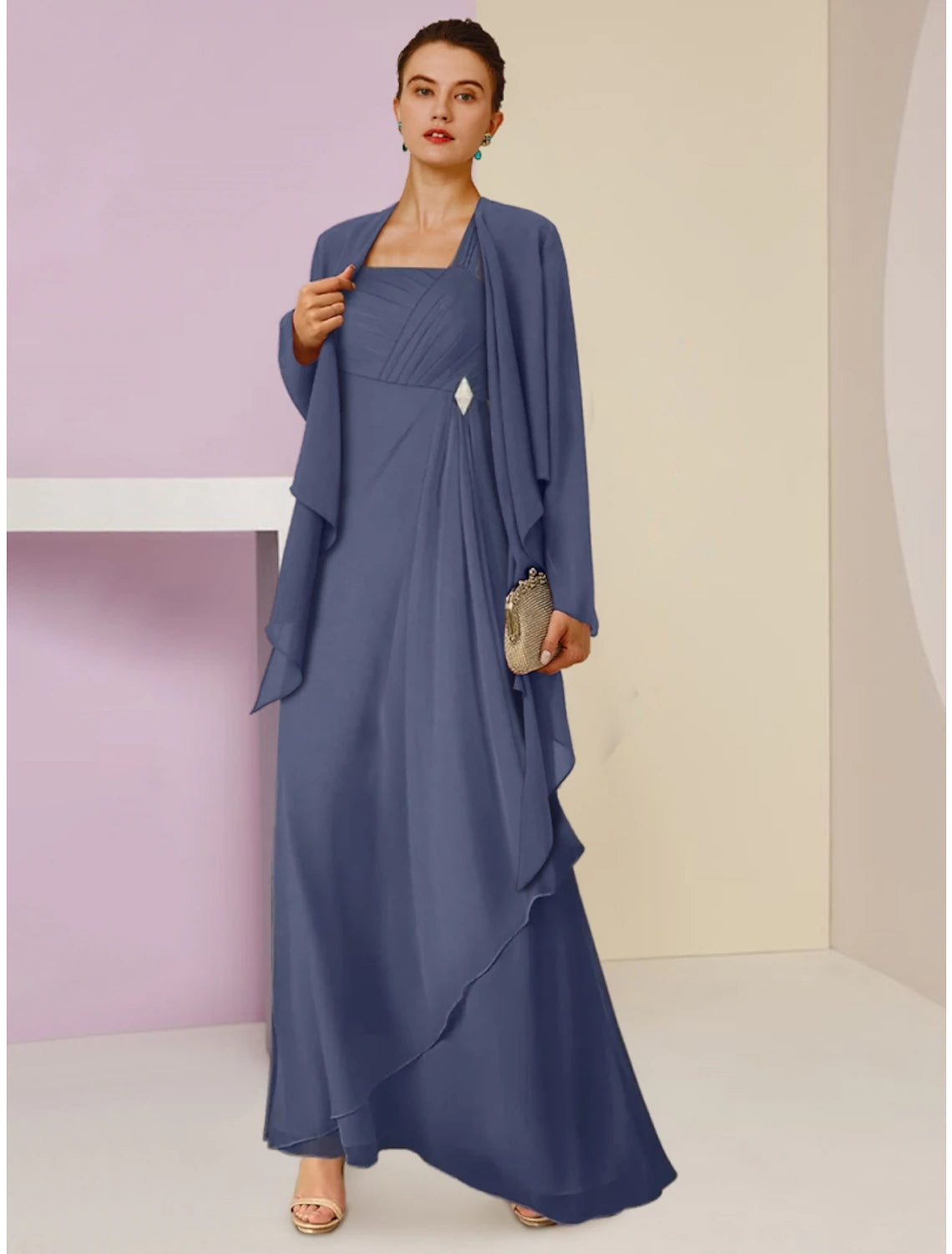 Elegant A-line chiffon mother of the bride dress with square neck and long sleeves.
