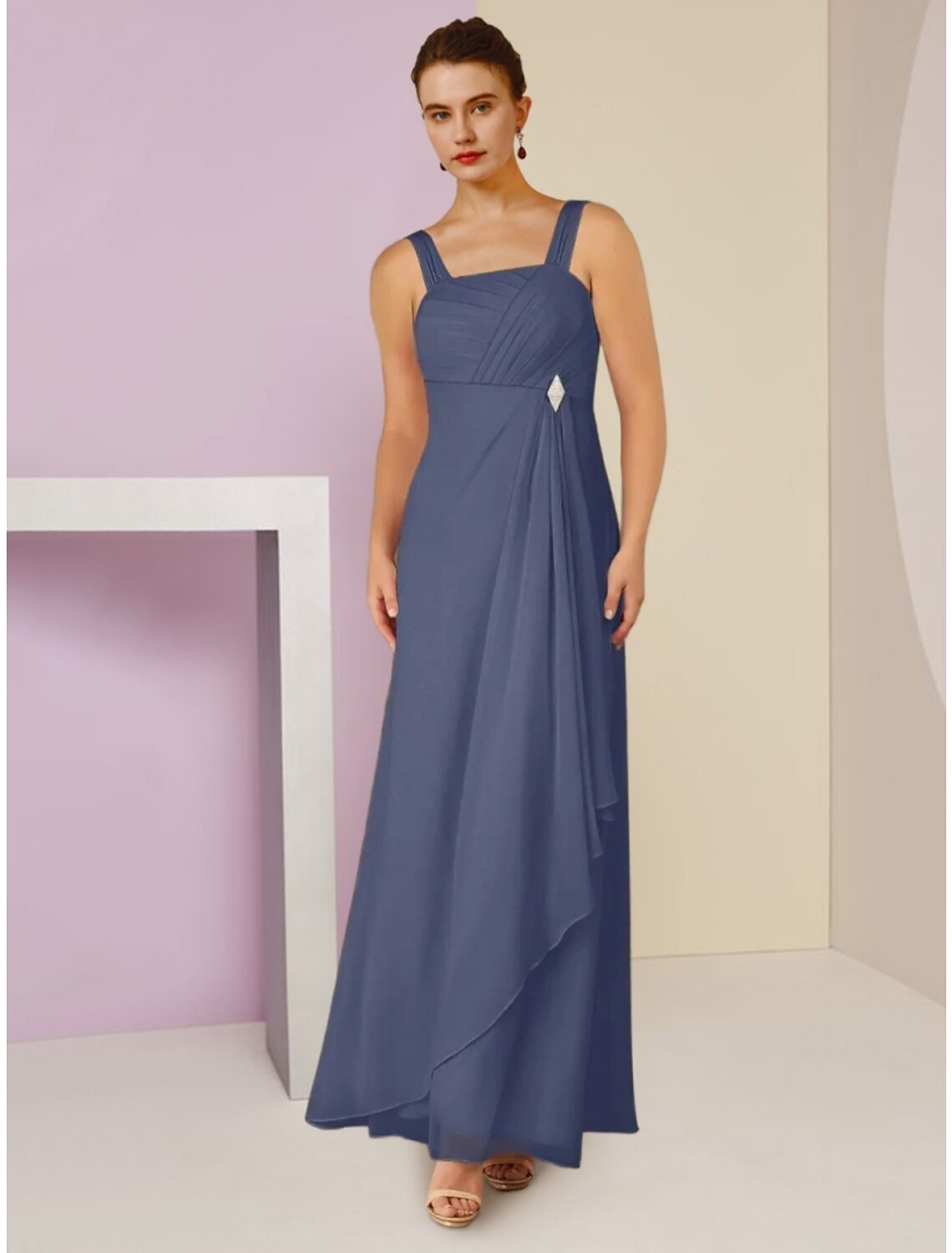 Side view of the long sleeve A-line dress with ruching details.