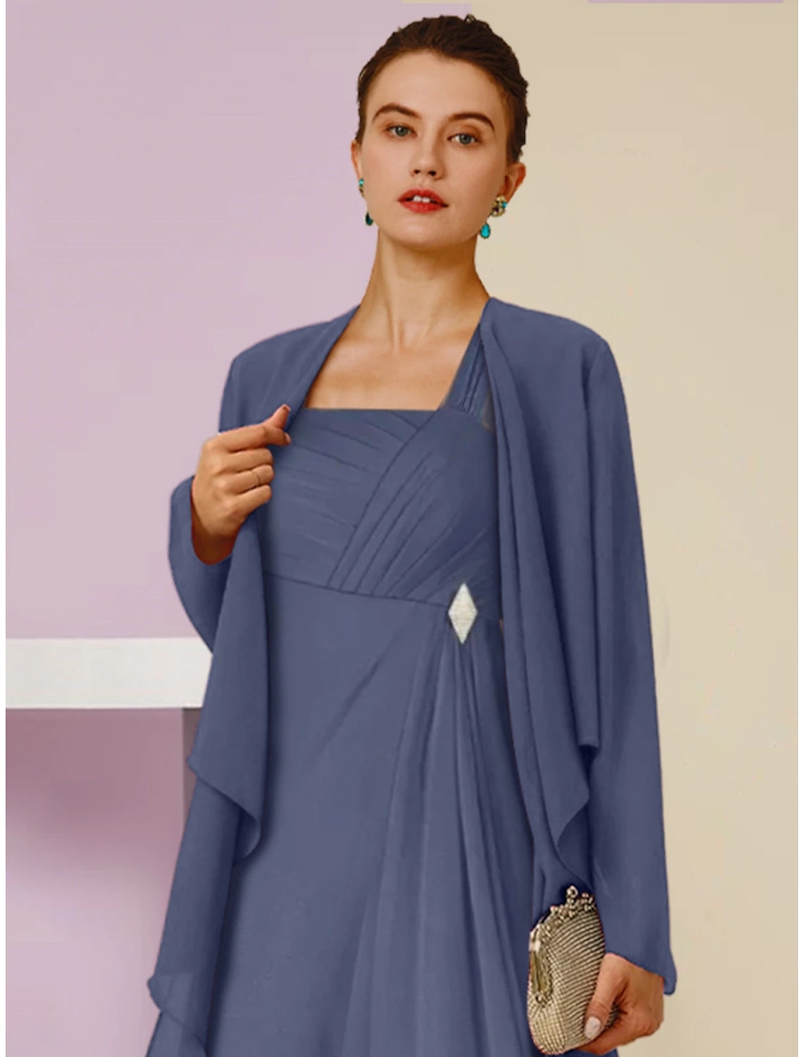A-line wedding guest dress in chiffon, styled for a formal event.