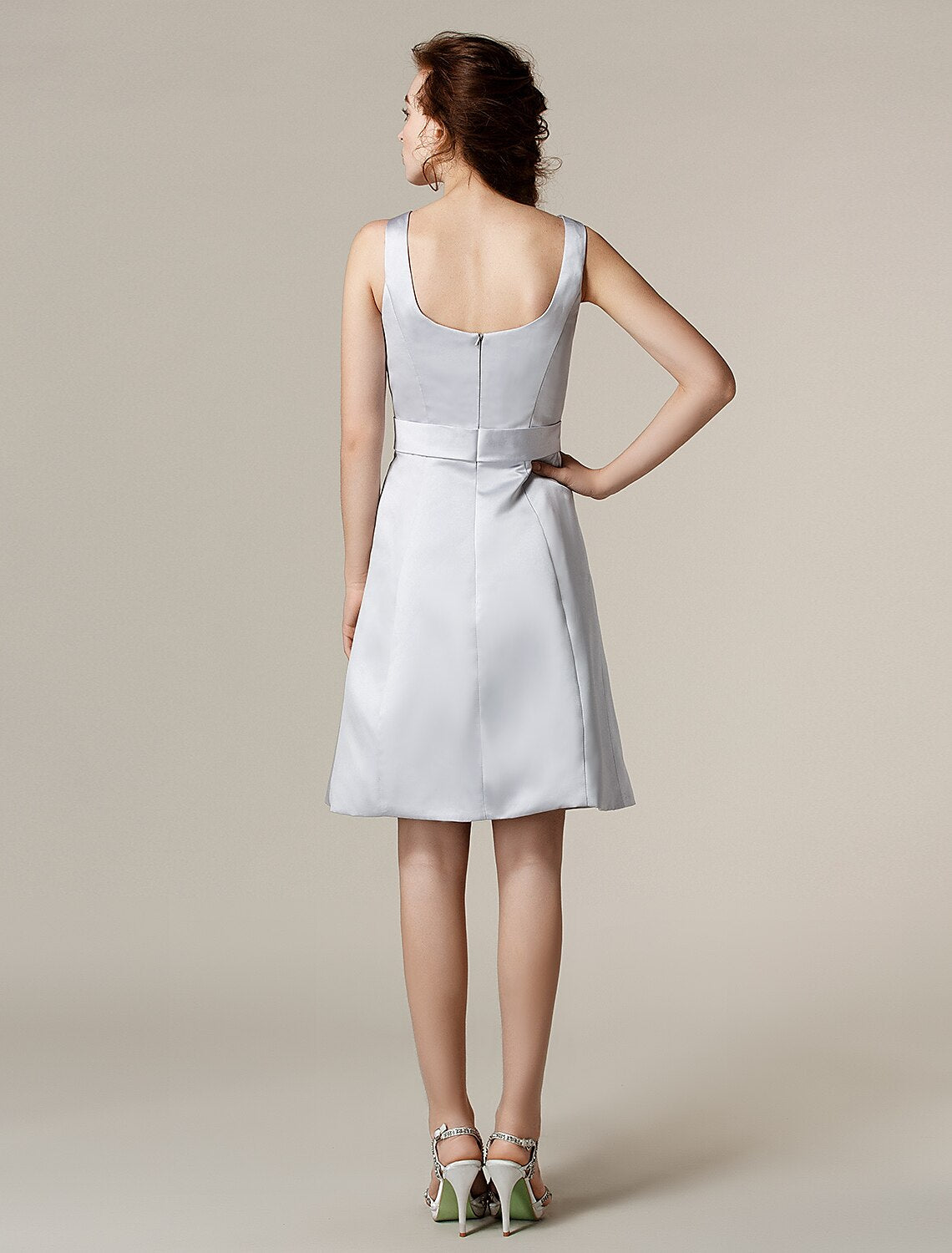 Front view of the satin bridesmaid dress, highlighting the fabric and A-line silhouette.