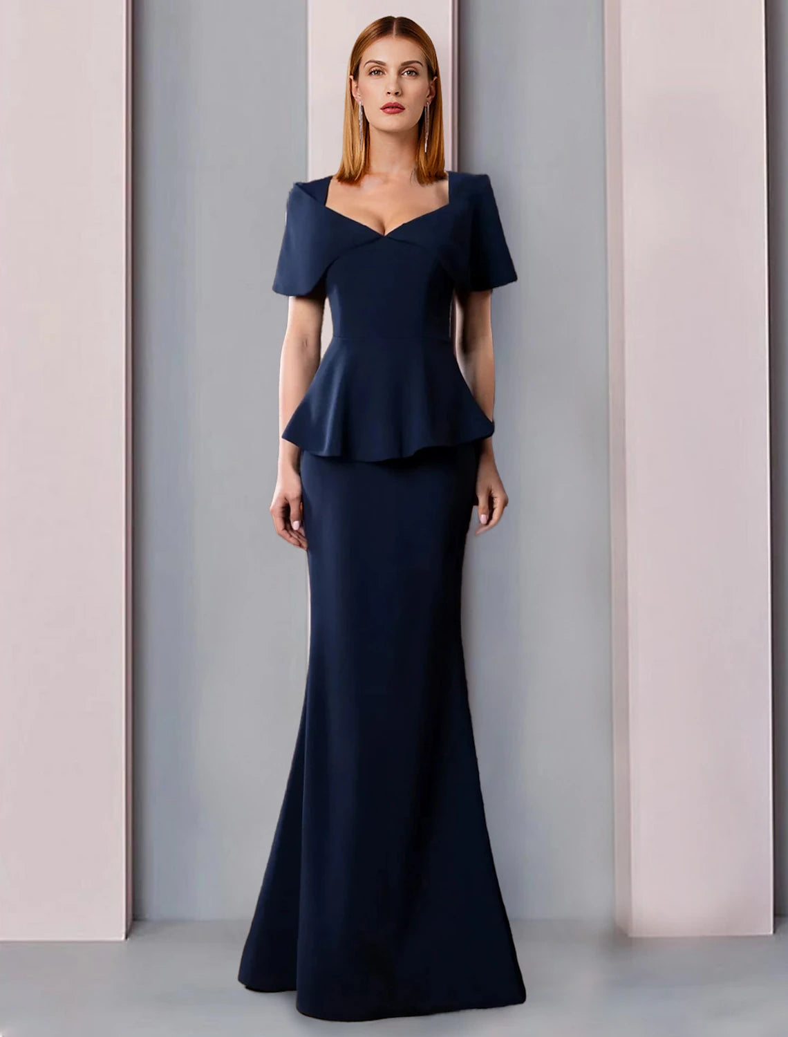 Elegant A-Line Mother of the Bride dress with square neck and short ruffled sleeves.