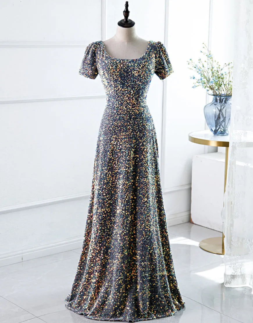 Elegant A-line square neck long evening dress in navy.