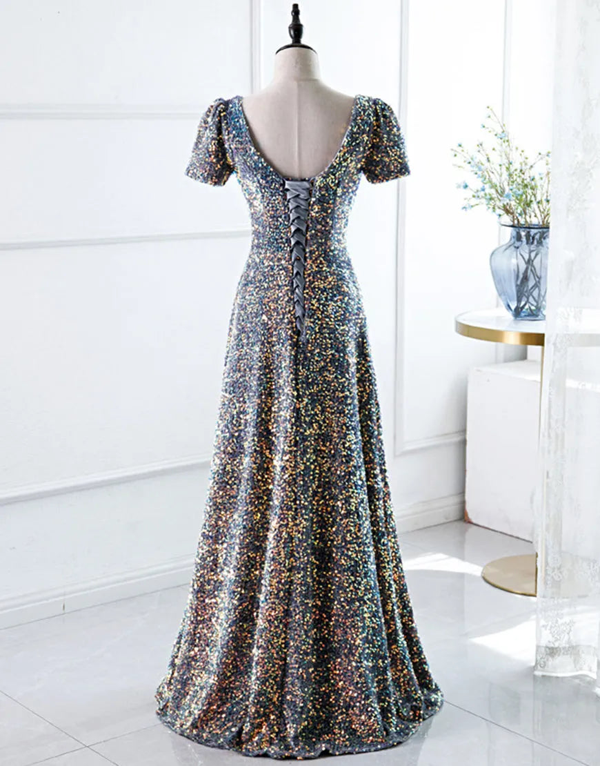 Back view of the navy A-line square neck evening gown.