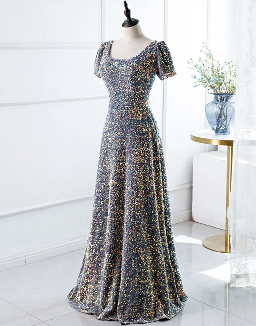 Side view of the elegant navy A-line long dress.