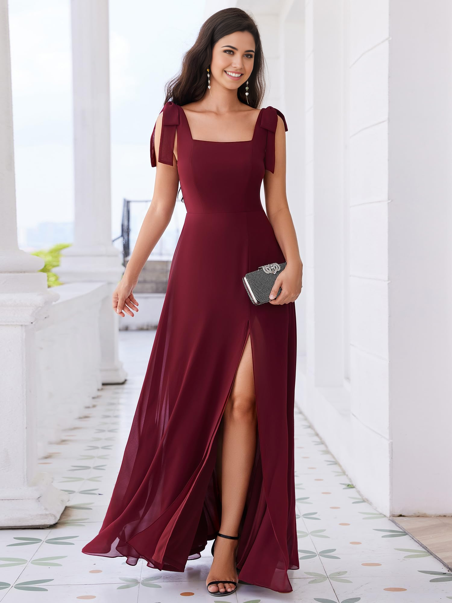 Elegant A-line square neck sleeveless formal dress with a split.