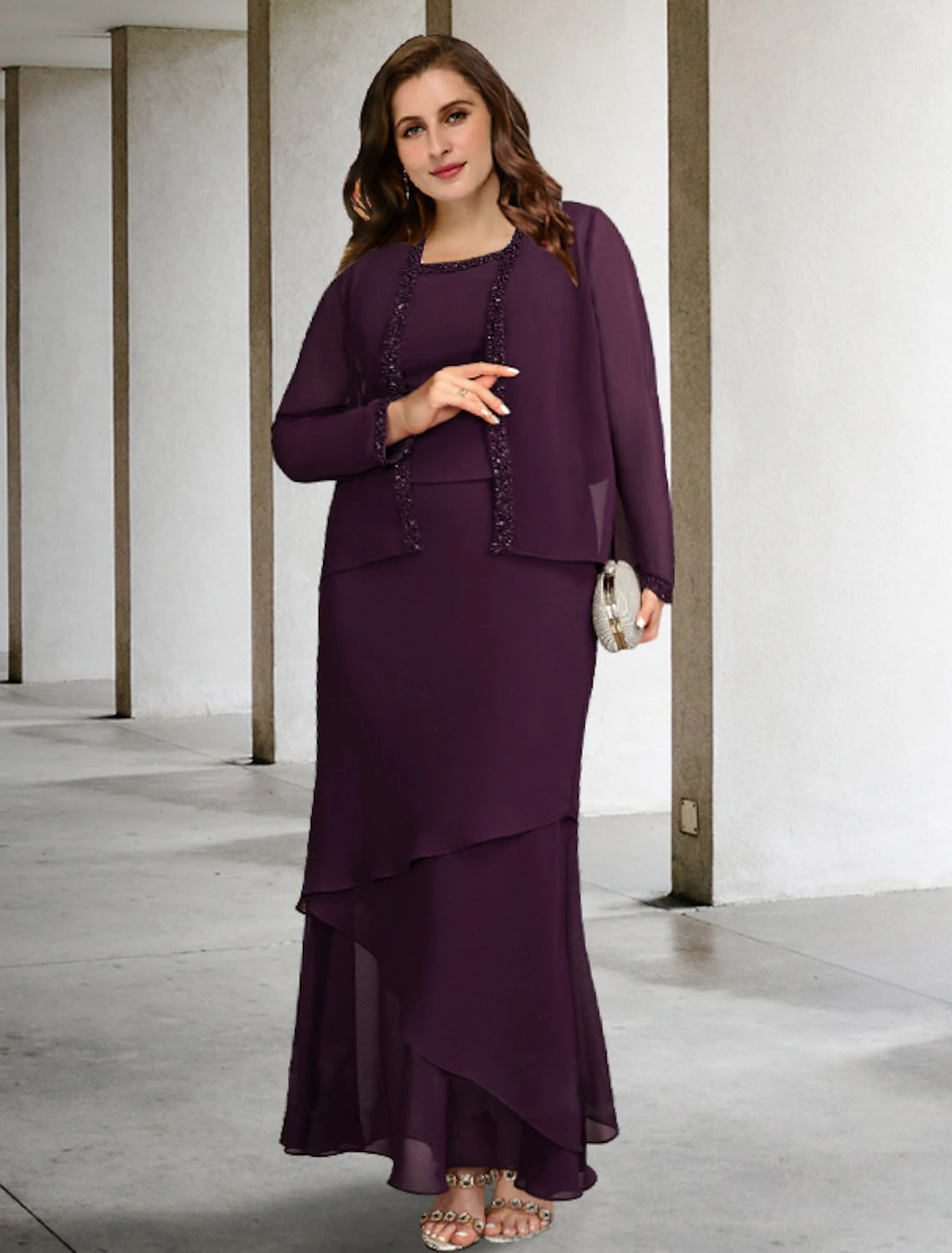 Elegant A-line two-piece Mother of the Bride dress with square neck and beading.