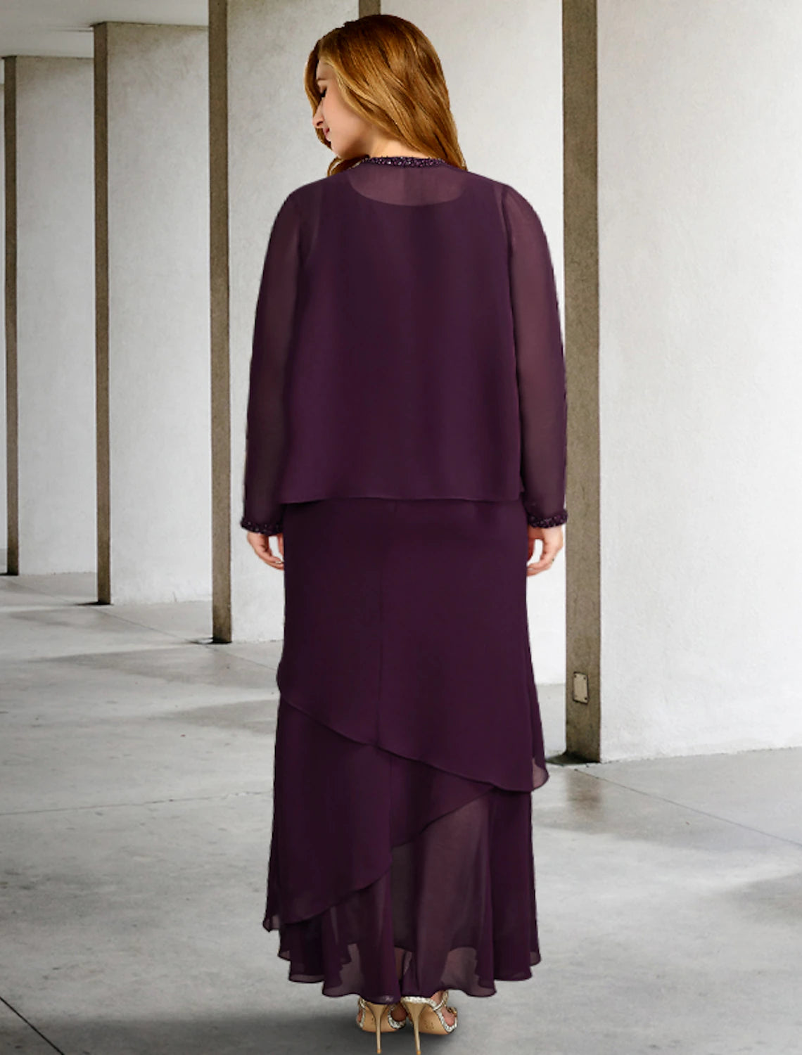Back view of the A-line chiffon Mother of the Bride dress.