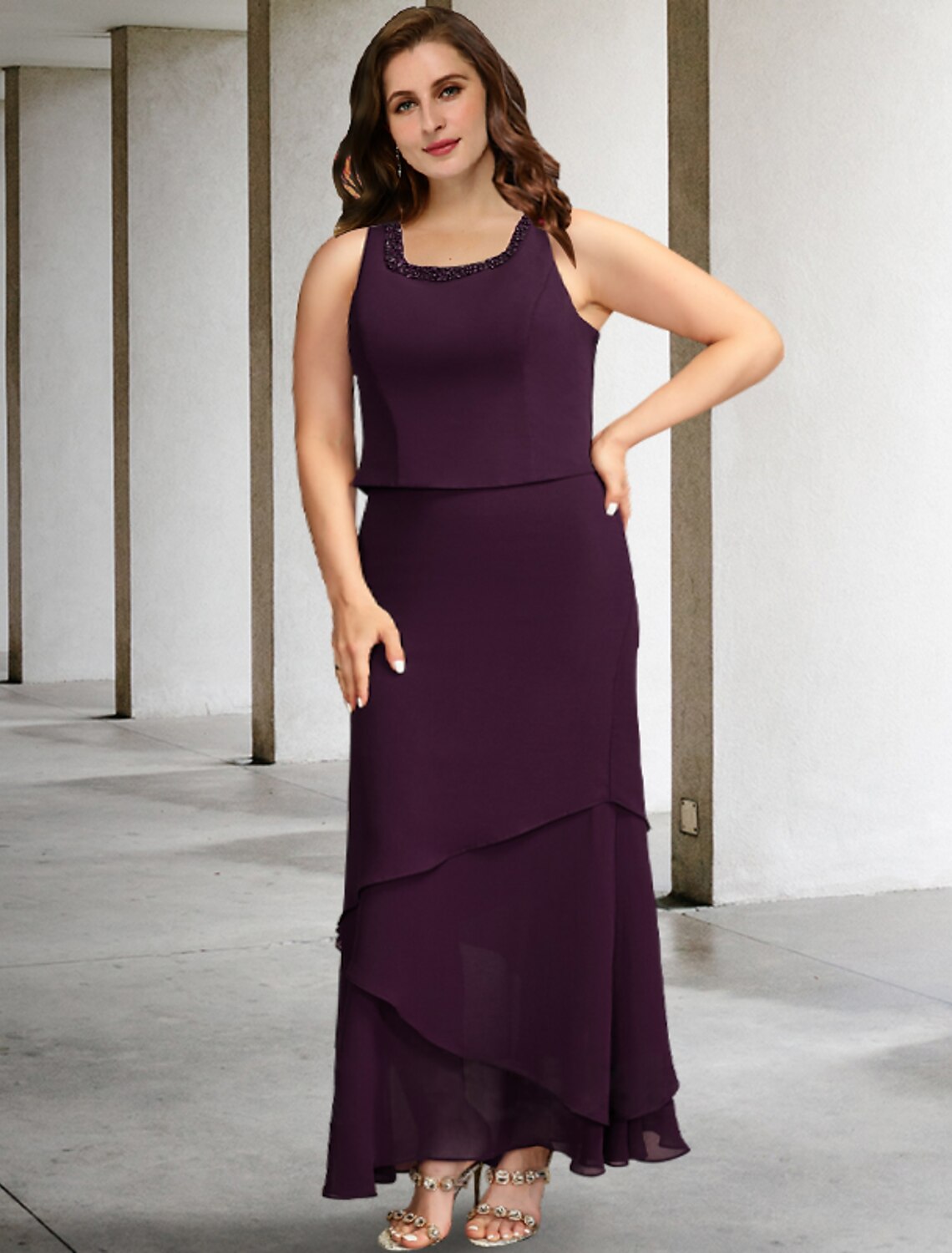 Side view of the elegant plus-size formal gown.