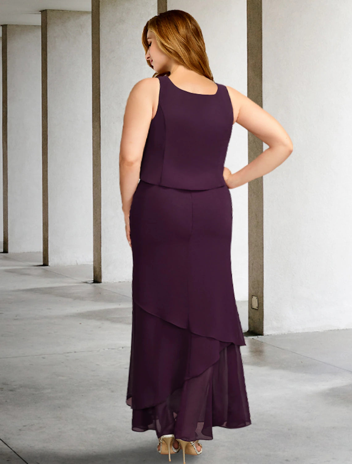 Close-up of the square neckline and beaded ruffles on the dress.