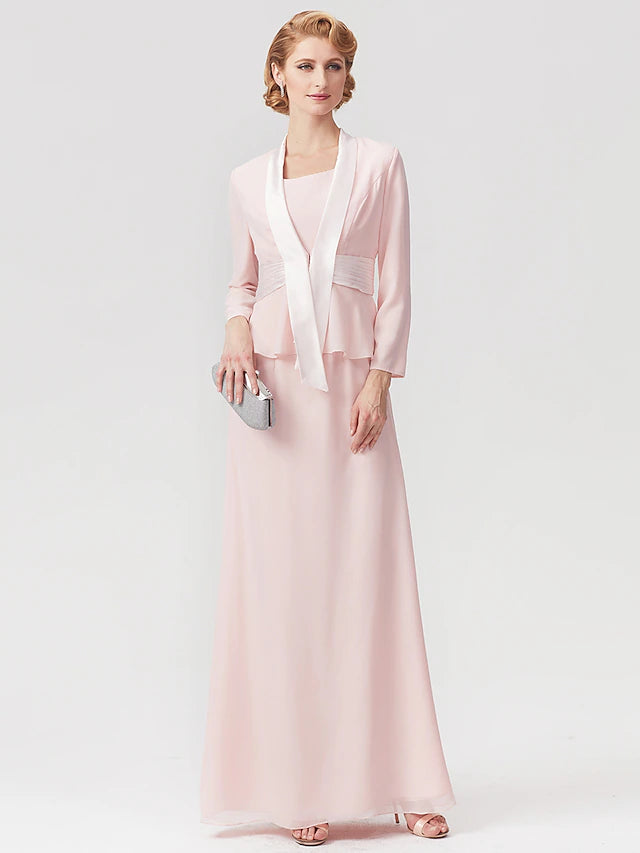 Elegant A-line Mother of the Bride dress with square neck and ruched details.