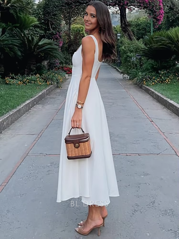 White A-line square neck formal dress, ideal for bridesmaids or prom.