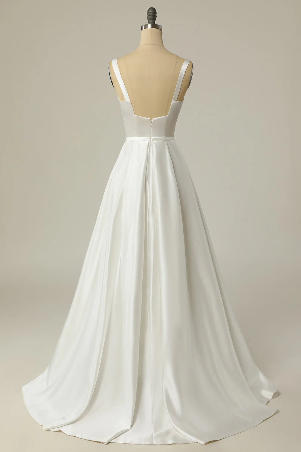 Side view of the white A-line square neck long wedding dress.