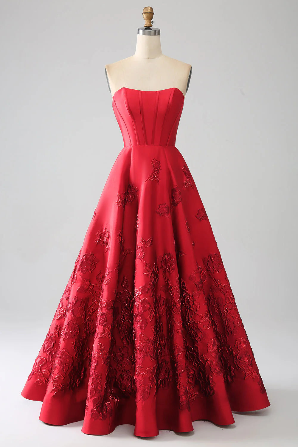 Dark red A-line strapless prom dress with 3D flowers.