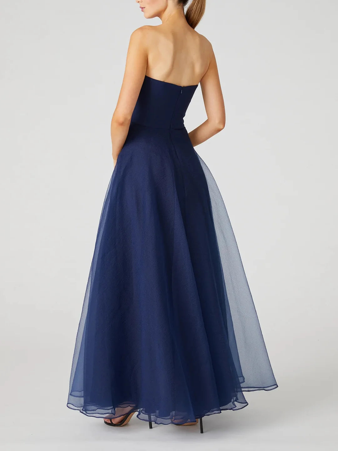 Elegant navy A-line strapless evening dress.