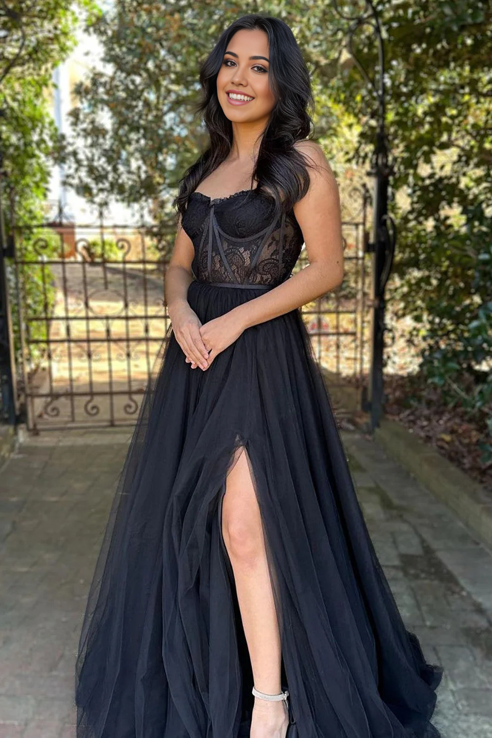 Elegant A-line strapless black tulle prom dress with a high split.
