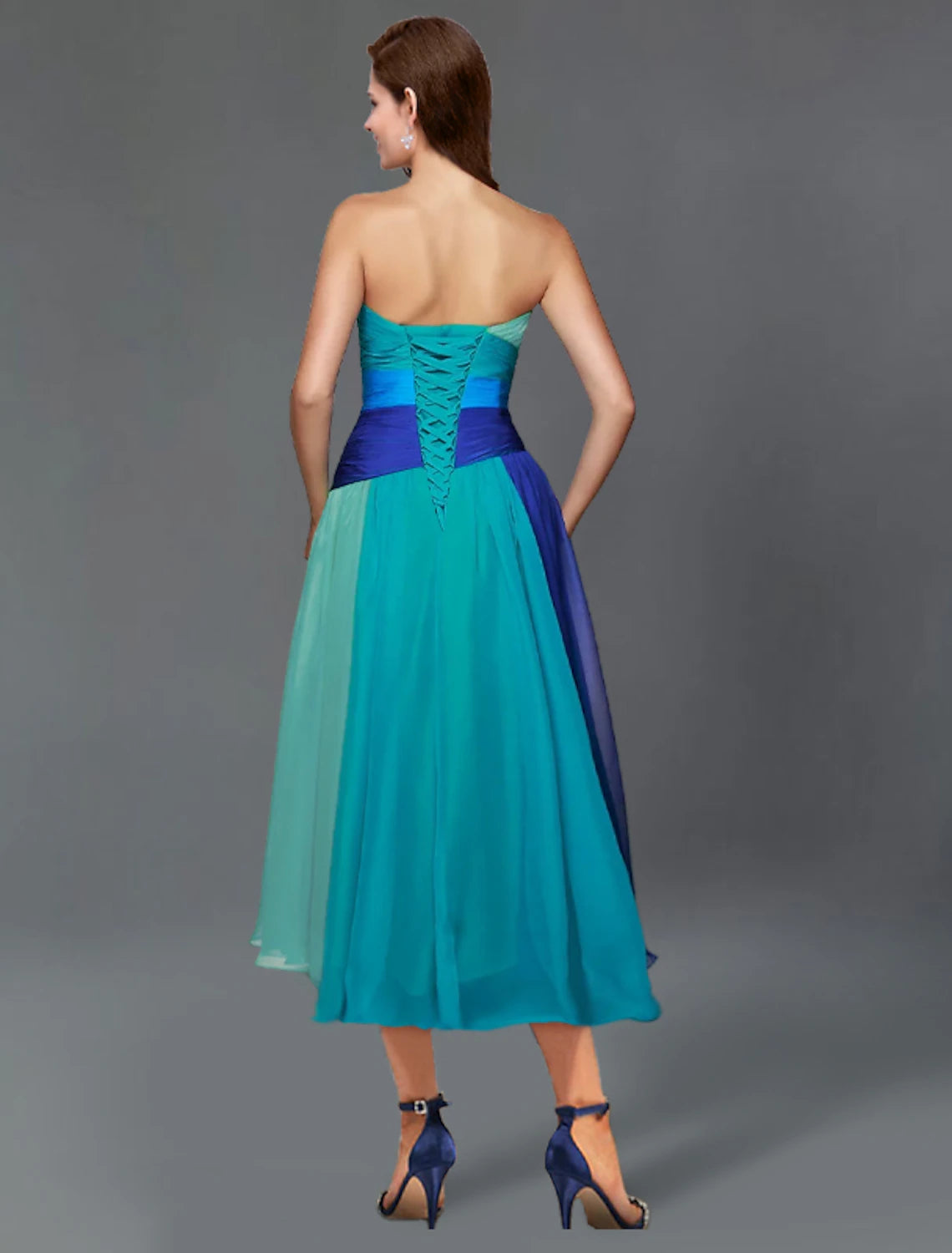 Side view of A-Line strapless color block chiffon dress for wedding guests.