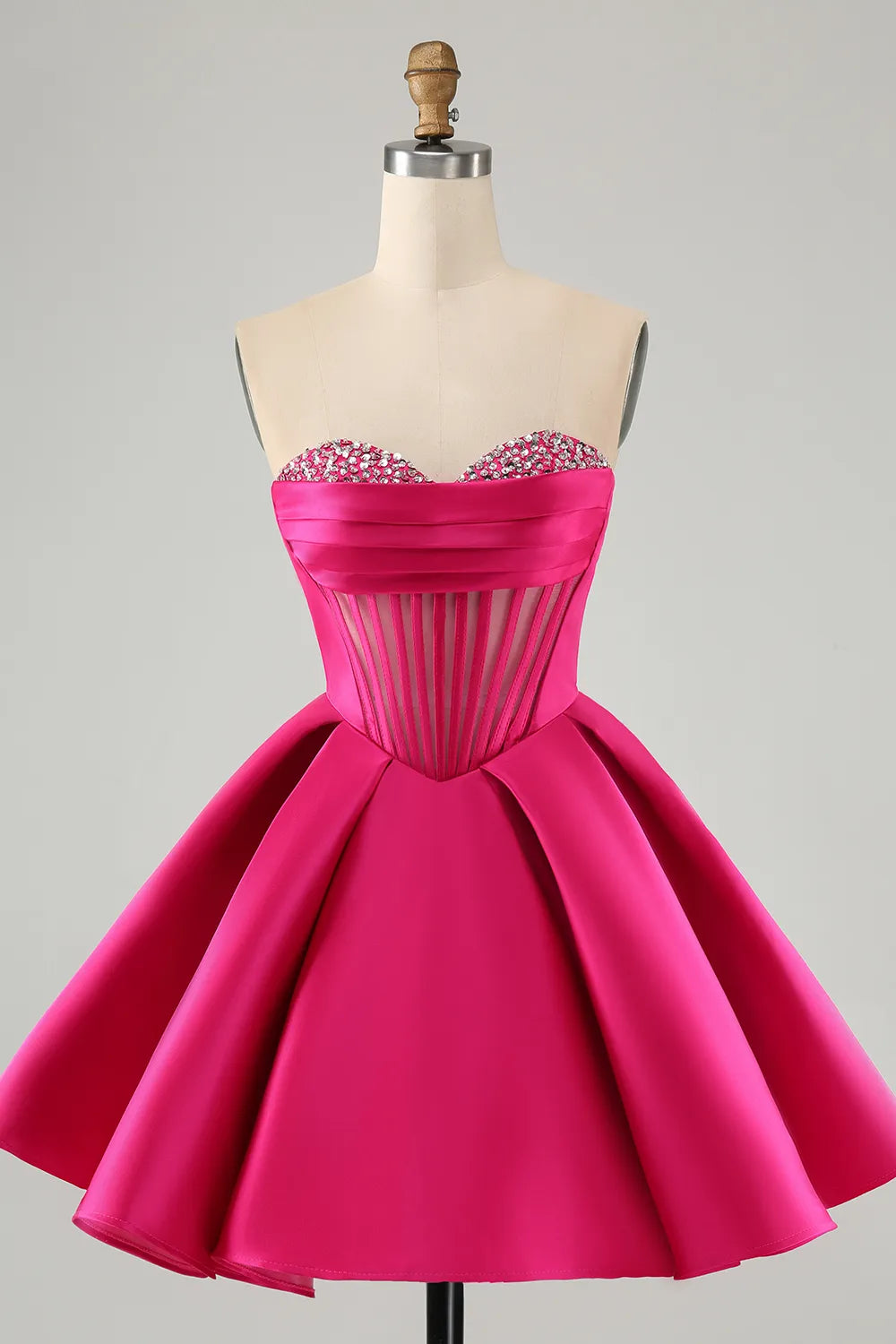 Fuchsia A-line strapless satin corset short homecoming dress with beading.