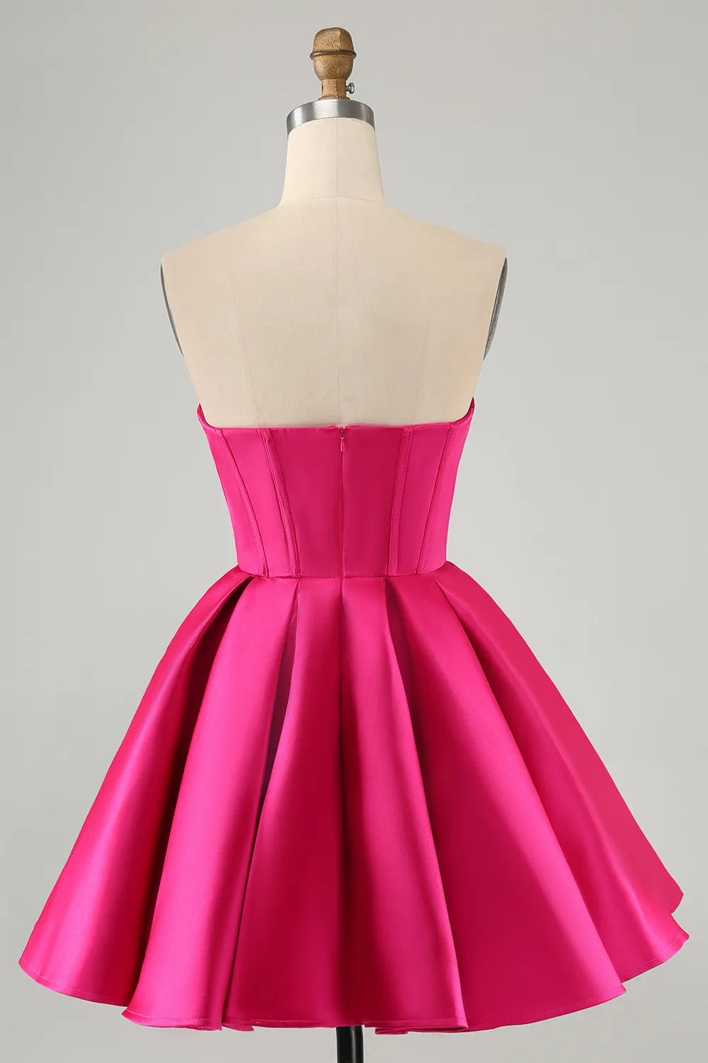 Fuchsia A-line strapless satin corset short homecoming dress, back view.