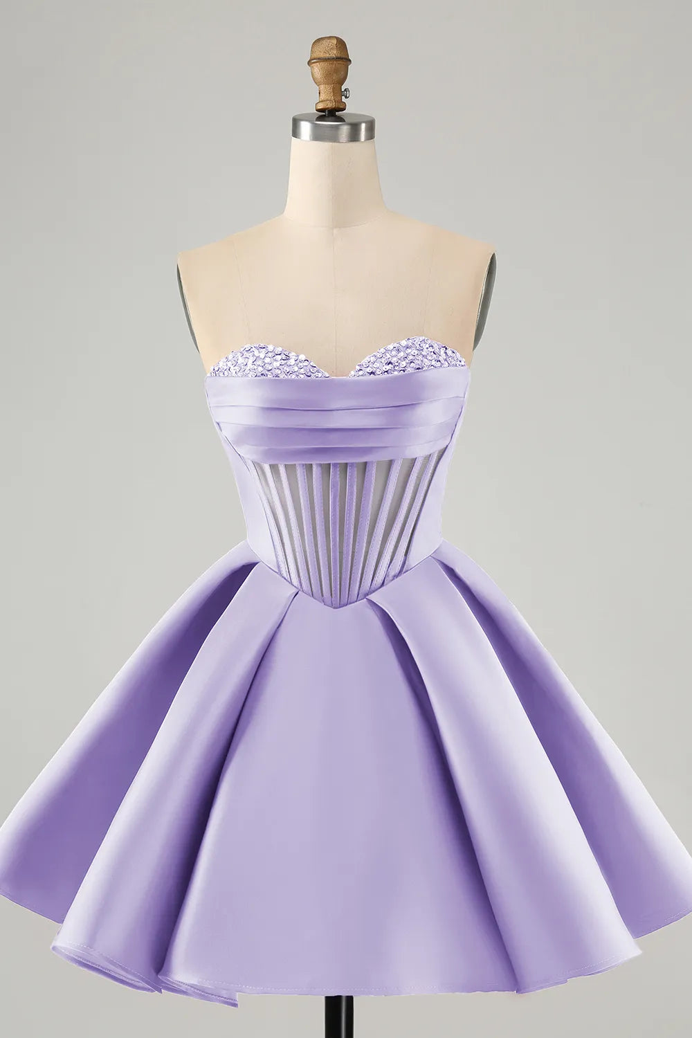 Lilac A-line strapless satin corset short homecoming dress with beading.