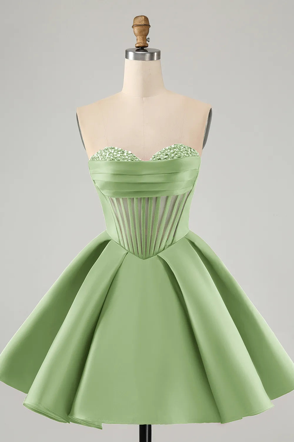 Green A-line strapless satin corset short homecoming dress with beading.