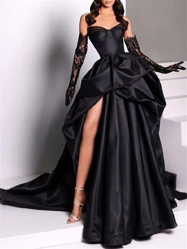 Elegant A-Line strapless evening gown with court train, front view.