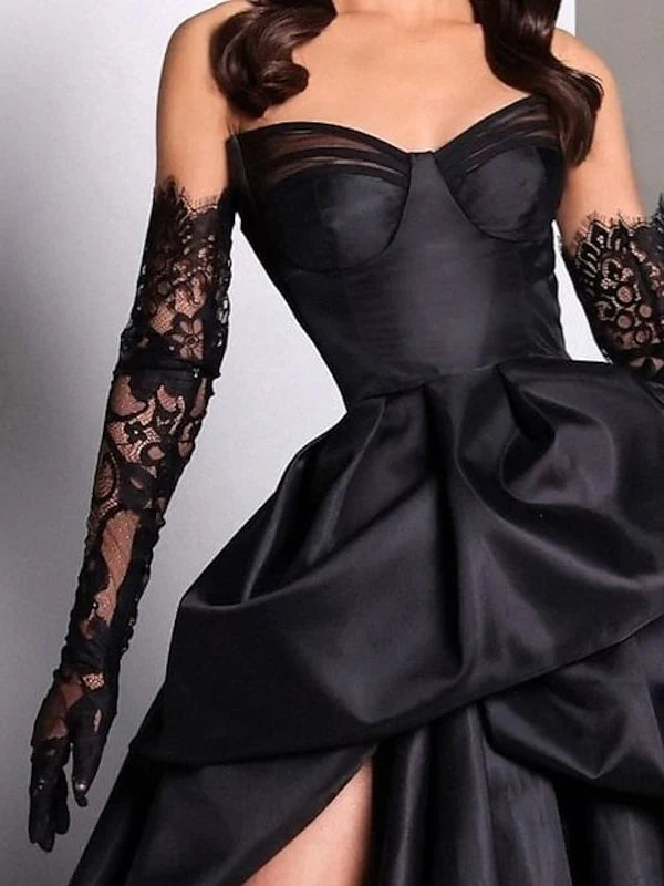 Back view of the A-Line strapless formal dress with court train.
