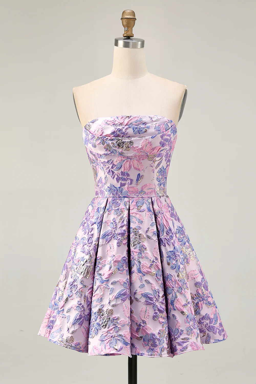 Side view of strapless lavender homecoming dress.