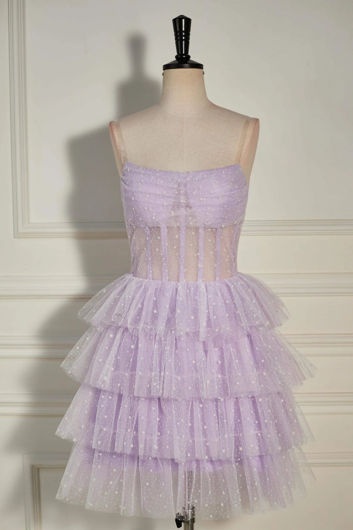 Elegant strapless A-line mini homecoming dress with dot tulle layers.