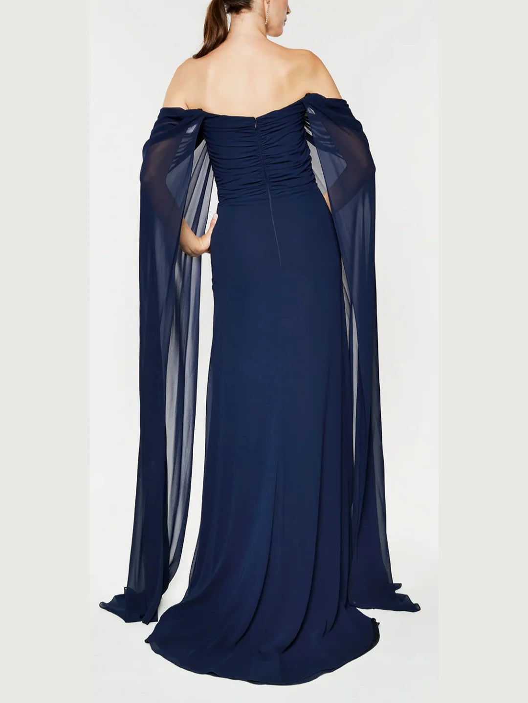 Elegant A-line strapless floor-length evening dress in navy blue.