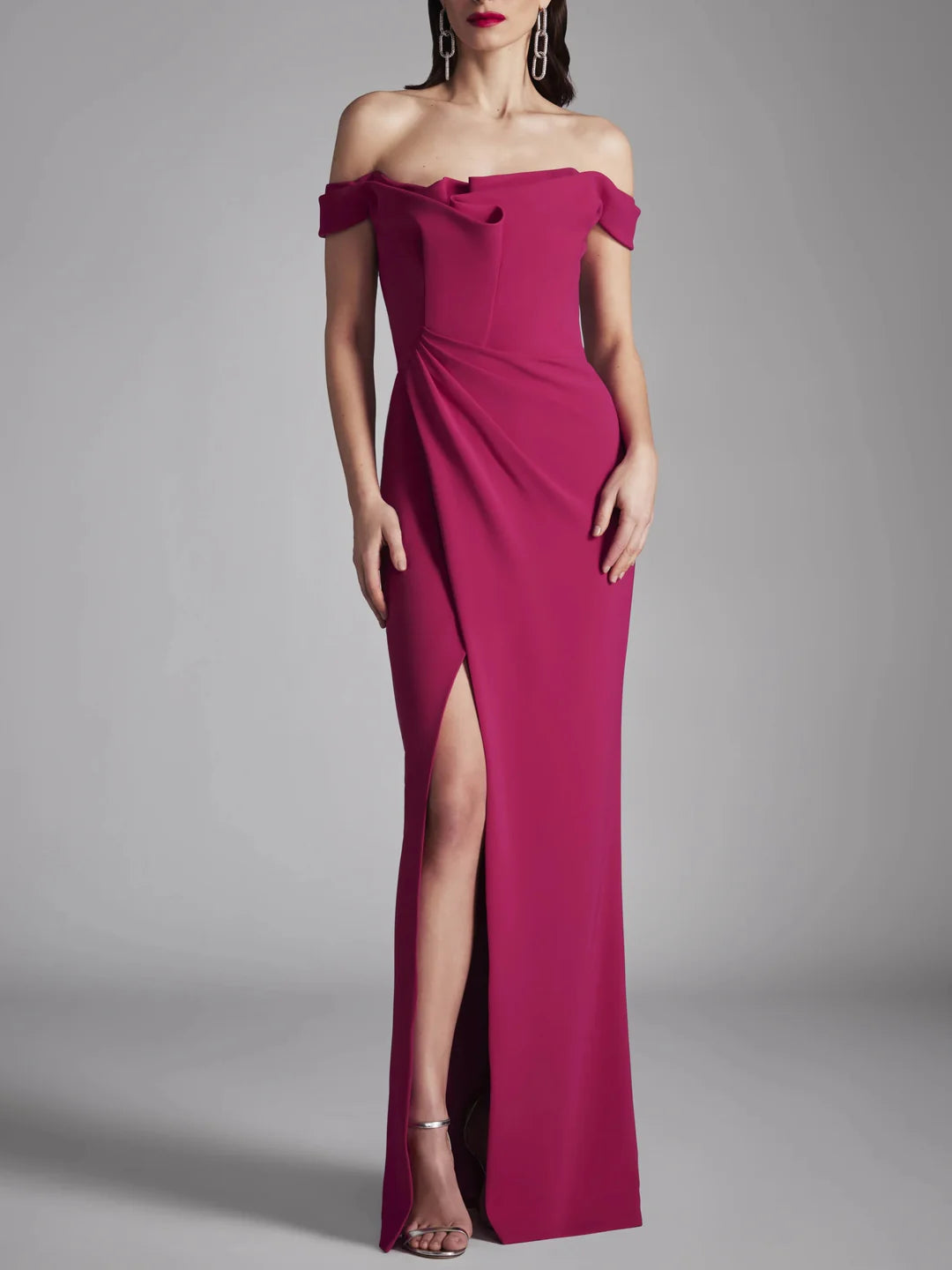 Fuchsia A-Line strapless floor-length evening gown.