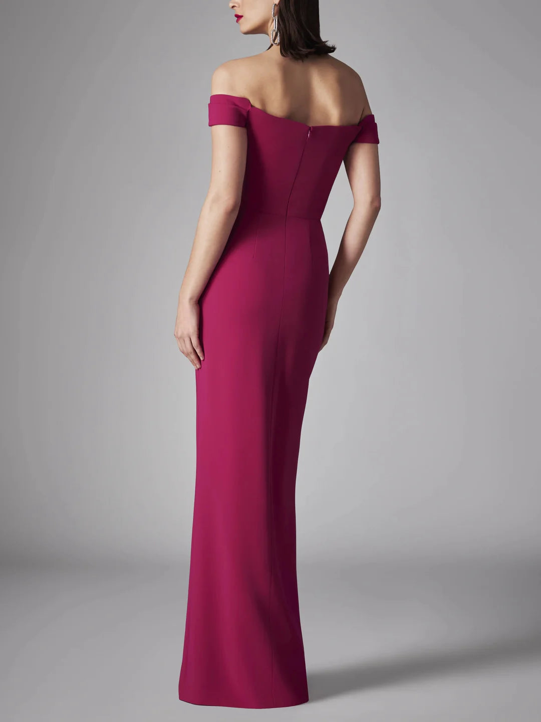 Magenta A-Line strapless floor-length formal dress.