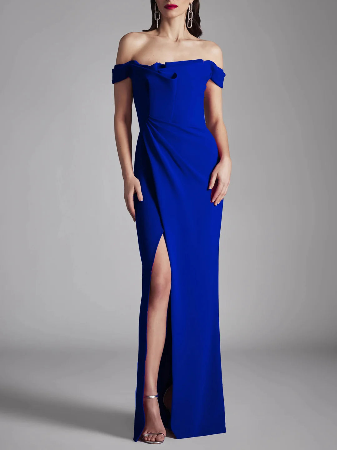 Royal blue A-Line strapless floor-length formal dress.