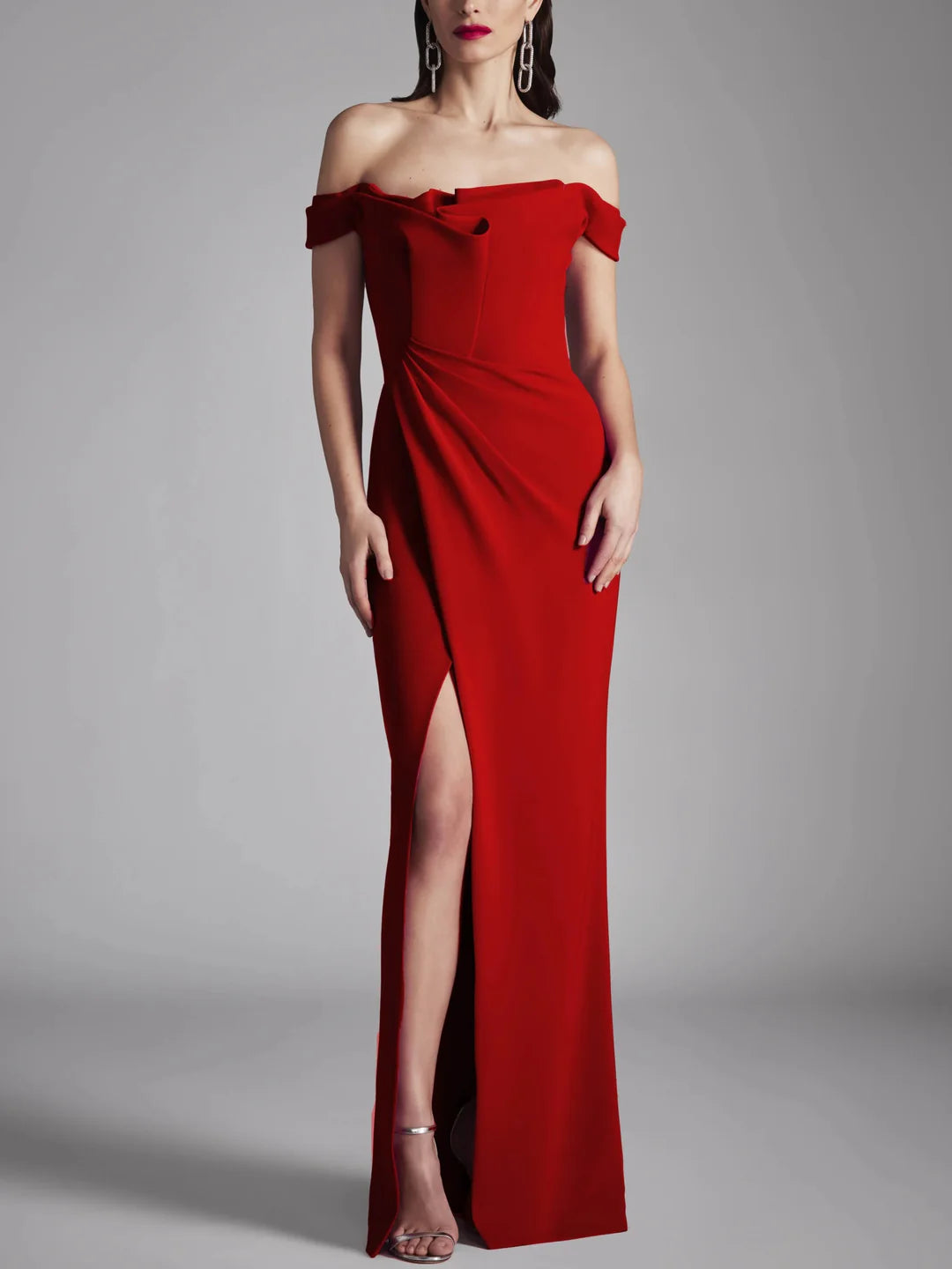 Brick red A-Line strapless floor-length party dress.