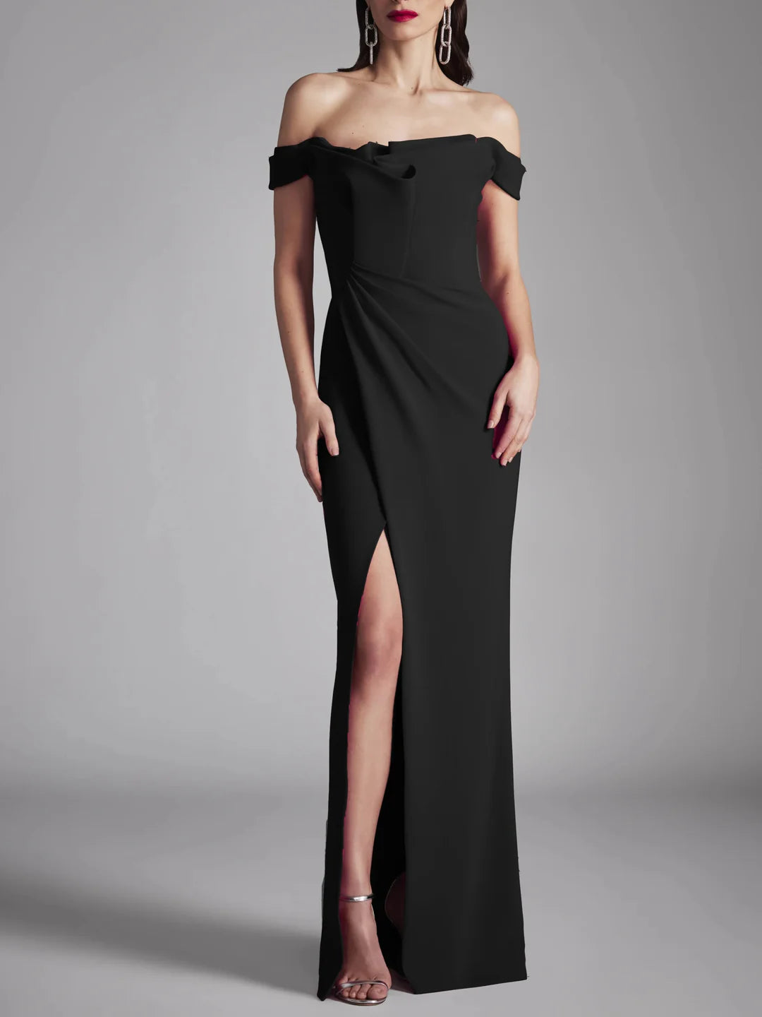 Classic black A-Line strapless evening gown.