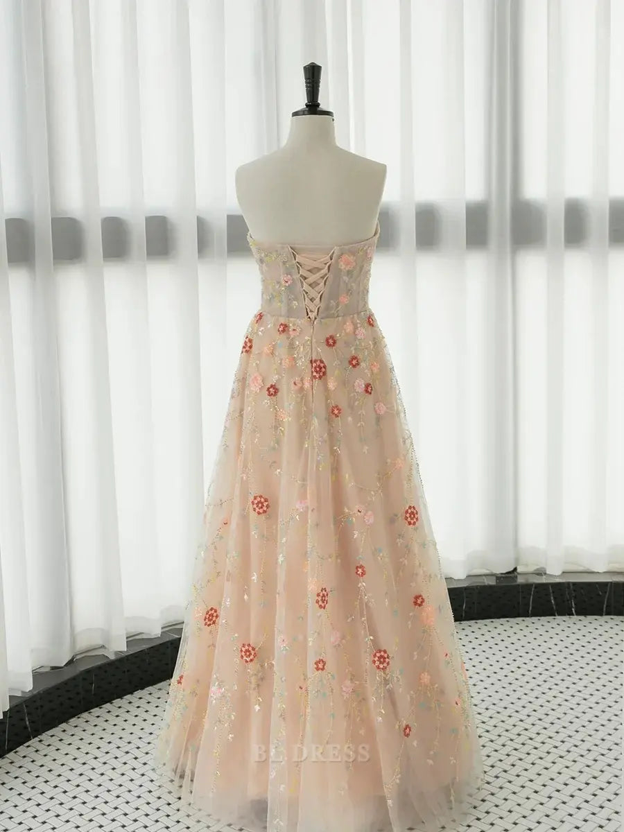 Side view of A-line strapless floral lace long dress.
