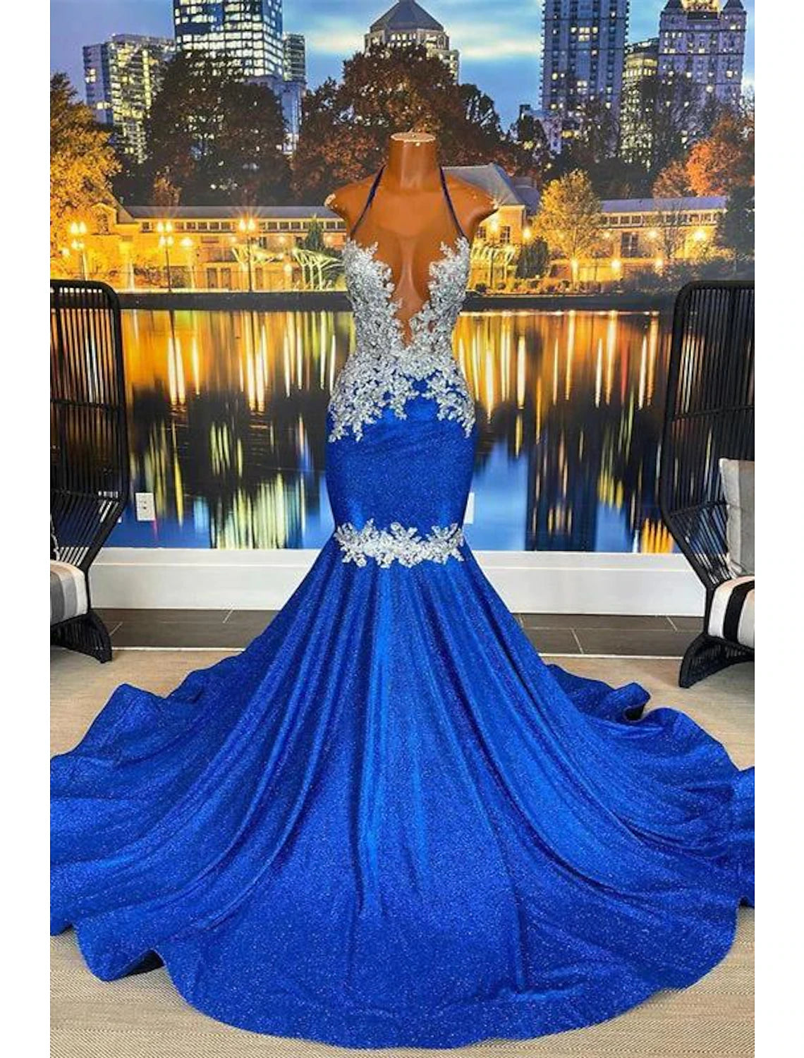 Elegant A-Line strapless floral lace prom dress with court train.