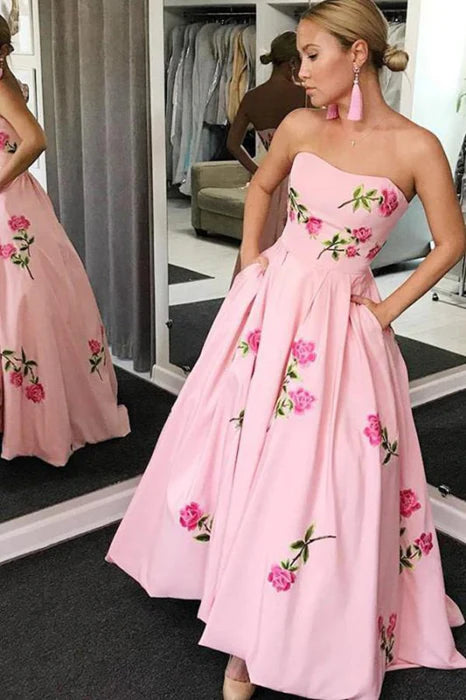 Elegant A-line strapless floral printed prom dress, floor length.