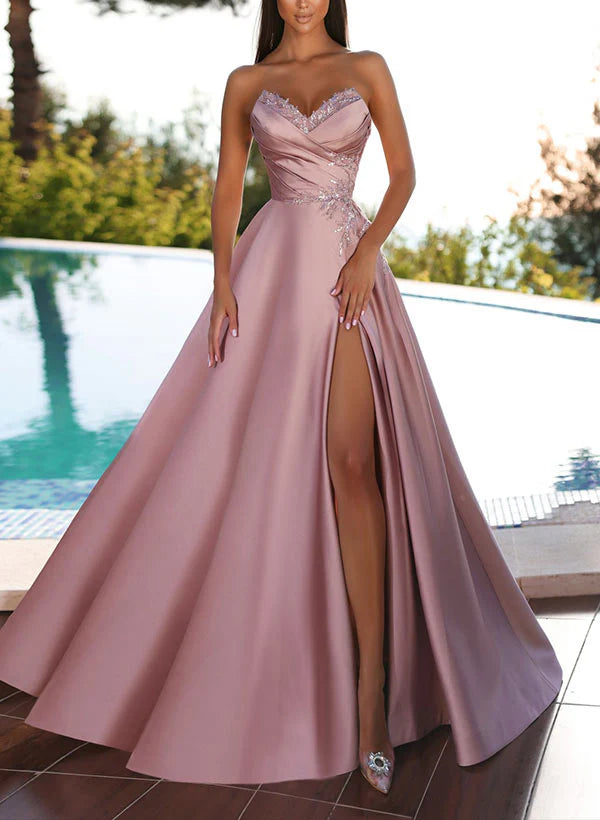 Elegant A-line strapless floor length prom dress.
