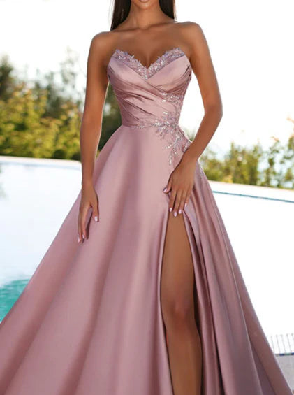 A-line strapless prom dress from a different angle.