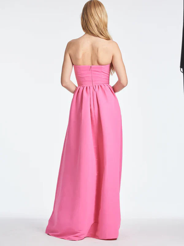Full view of the elegant strapless A-line dress.