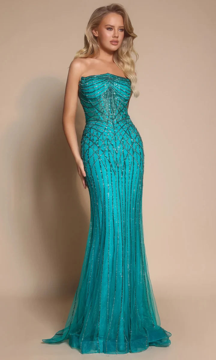 Model wearing an elegant A-line strapless geometric floor-length prom dress.