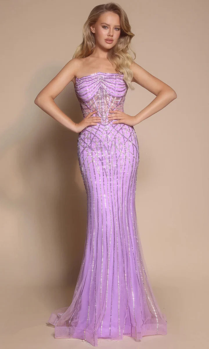 Back view of the elegant strapless geometric prom dress.