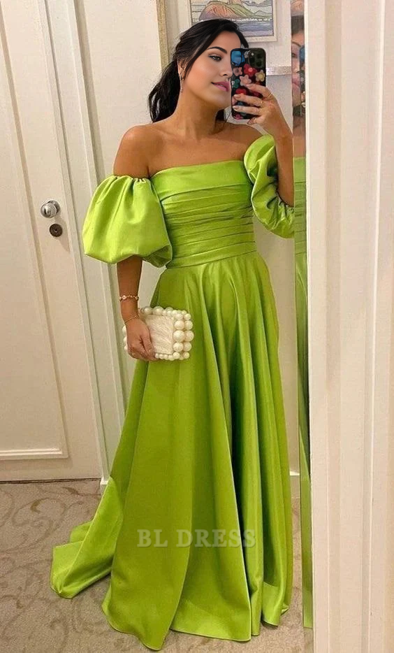 Elegant A-line strapless green satin formal dress.