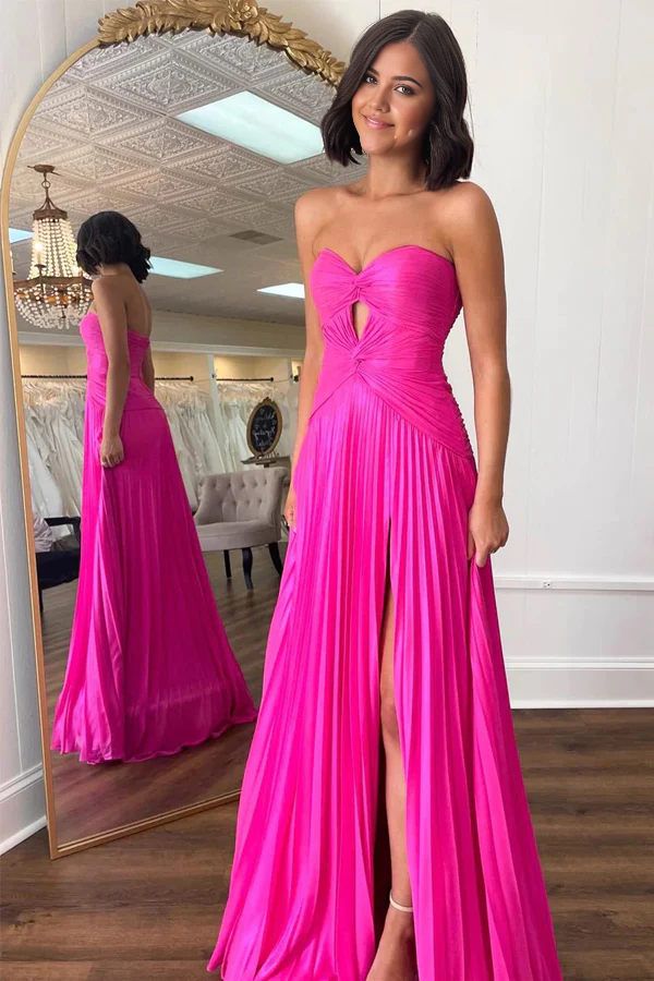 Navy A-line strapless formal dress with keyhole front.
