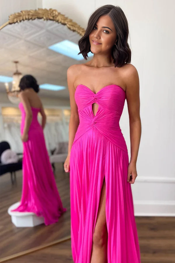 Back view of elegant navy strapless formal dress.