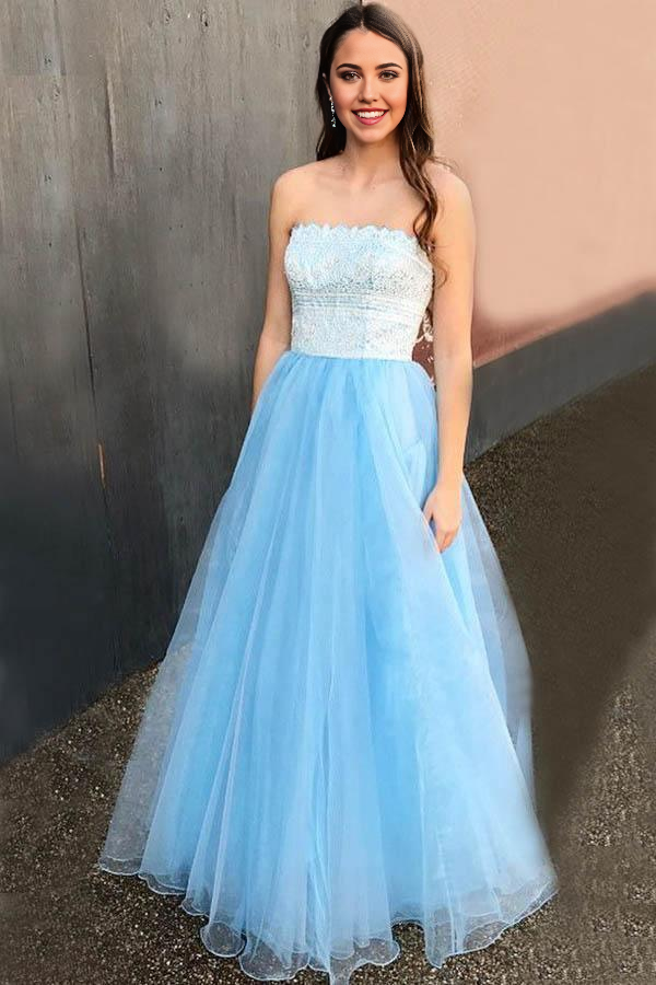 Light blue A-line strapless prom dress with lace and beading.