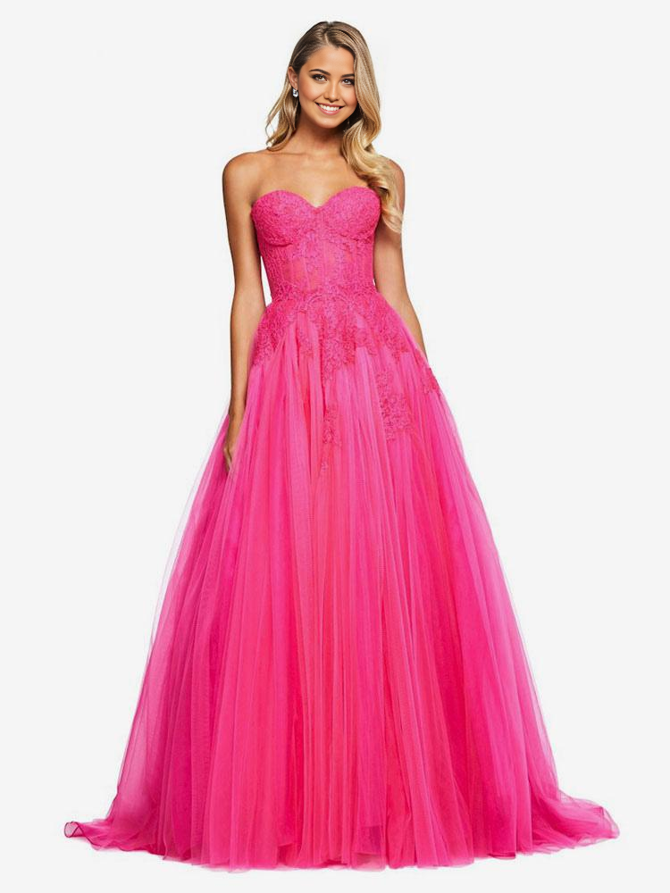 Model wearing an elegant A-line strapless lace formal dress.