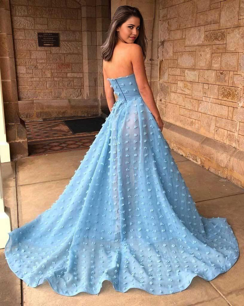 Full view of the sky blue A-line formal dress with intricate lace details.