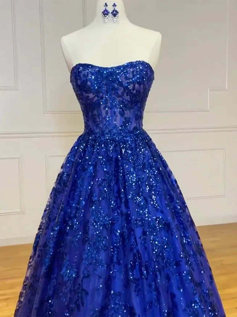 Elegant strapless A-line lace long prom dress.