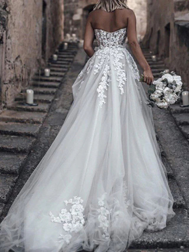 Full length view of the A-Line strapless bridal gown, showcasing lace and tulle fabric.